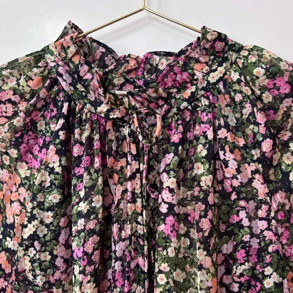 H&M| Black Pink Green Floral Long Sleeve Feminine Lightweight Blouse Sz L - Picture 3 of 7